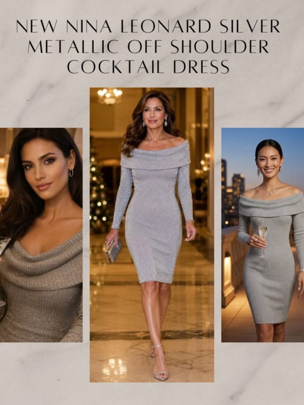 Nina Leonard Silver Metallic Off Shoulder Cocktail Party Dress M NEW - Picture 13 of 13